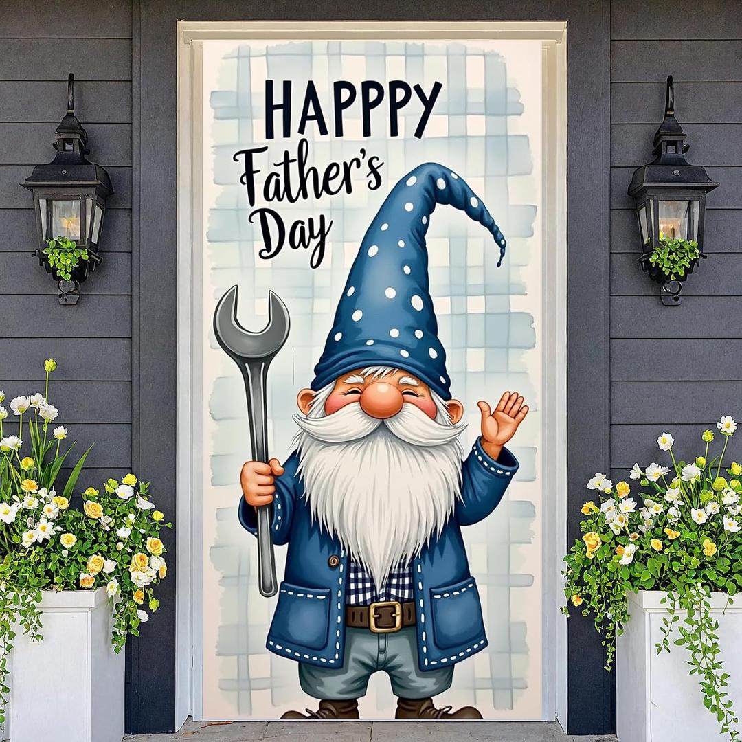 Happy Fathers Day Door Cover Decoration Gnome Front Door Banner Handyman Wrench Design Blue Plaid Backdrop Outdoor Porch Hanging Poster 70.8 x 35.4 Large Fabric Sign for Dad Grandpa Home Party Decor
