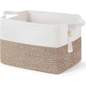 Mkono Woven Storage Basket, Cube Cotton Rope Basket for Shelves, Clothes, Toys, Towels, Books, Rectangle Bin with Handles for Organizing, Decorative Gift, 13'' x 10'' x 9'', Brown and White (1 Pack)