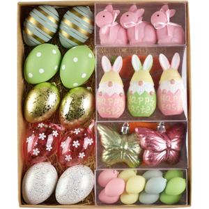 DecorbyHannah Easter Eggs Decorations, 40ct Easter Tree Ornaments for Basket, Shatterproof Colorful Pastel Plastic Hanging Decor with Bunny Rabbit, Carrot and Flower for Home Table Bowl Vase Filler (Coloful)