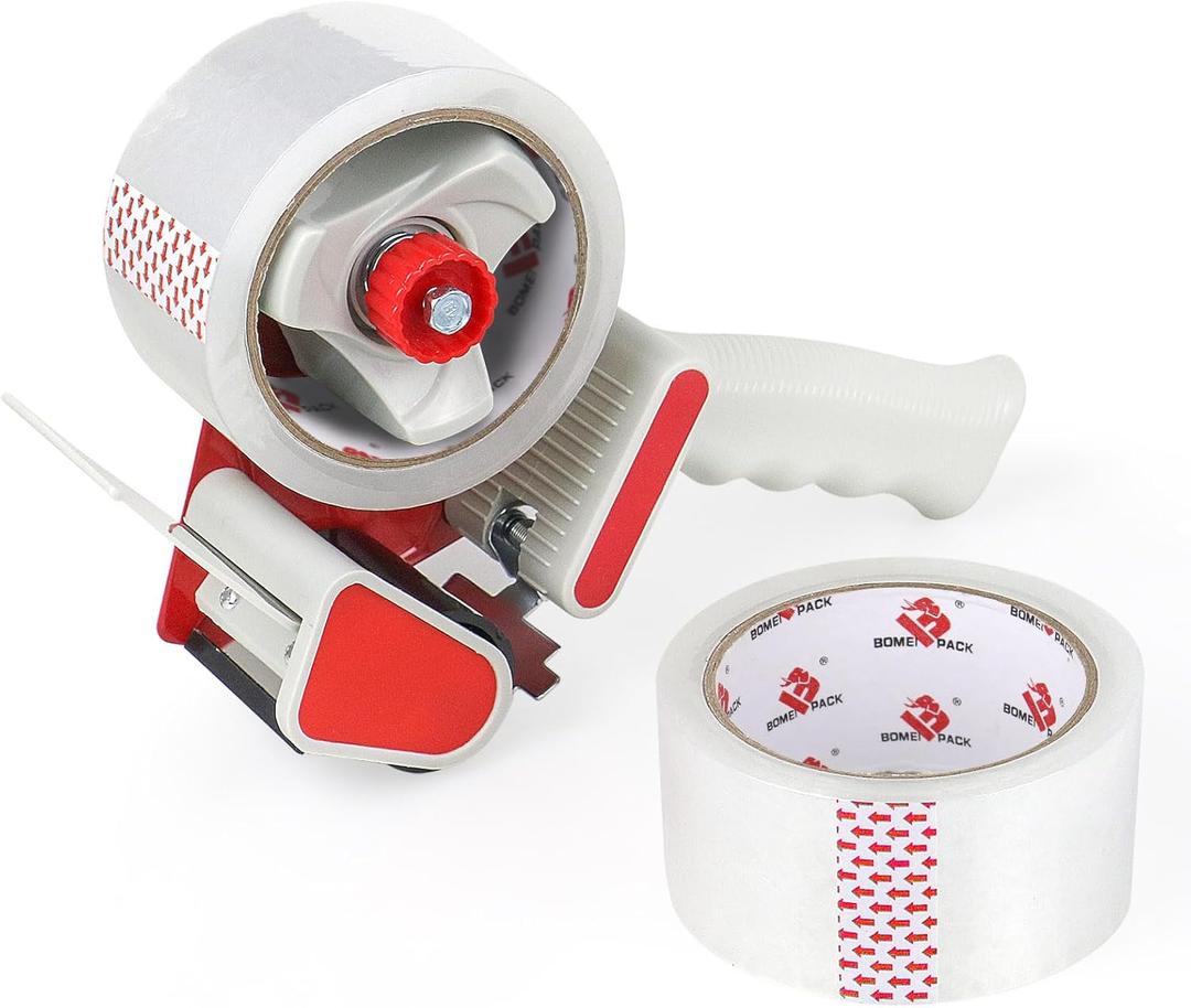 BOMEI PACK Heavy Duty Packaging Tape Dispenser, 2 Inch Tape Gun with Clear Tape, 1 Dispenser + 2 Rolls (Clear)