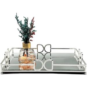 Decorative Tray, Bright Silver, Modern Premium Feeling Perfume Tray, Luxury Rust-Proof Glass Tray for Bathroom, Dresser, Bedroom (Bright Silver 11.7×7.9×2in)