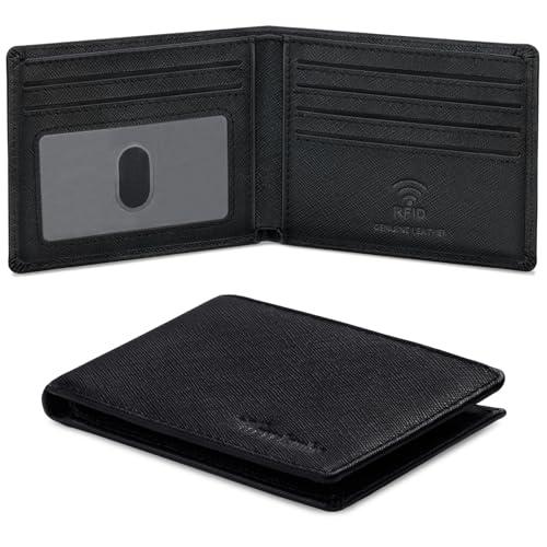 Travelambo Wallet for Men Real Leather Mens Bifold Wallet RFID Blocking - Thin & Stylish with ID Window in Gift Box (Crosshatch, Black)