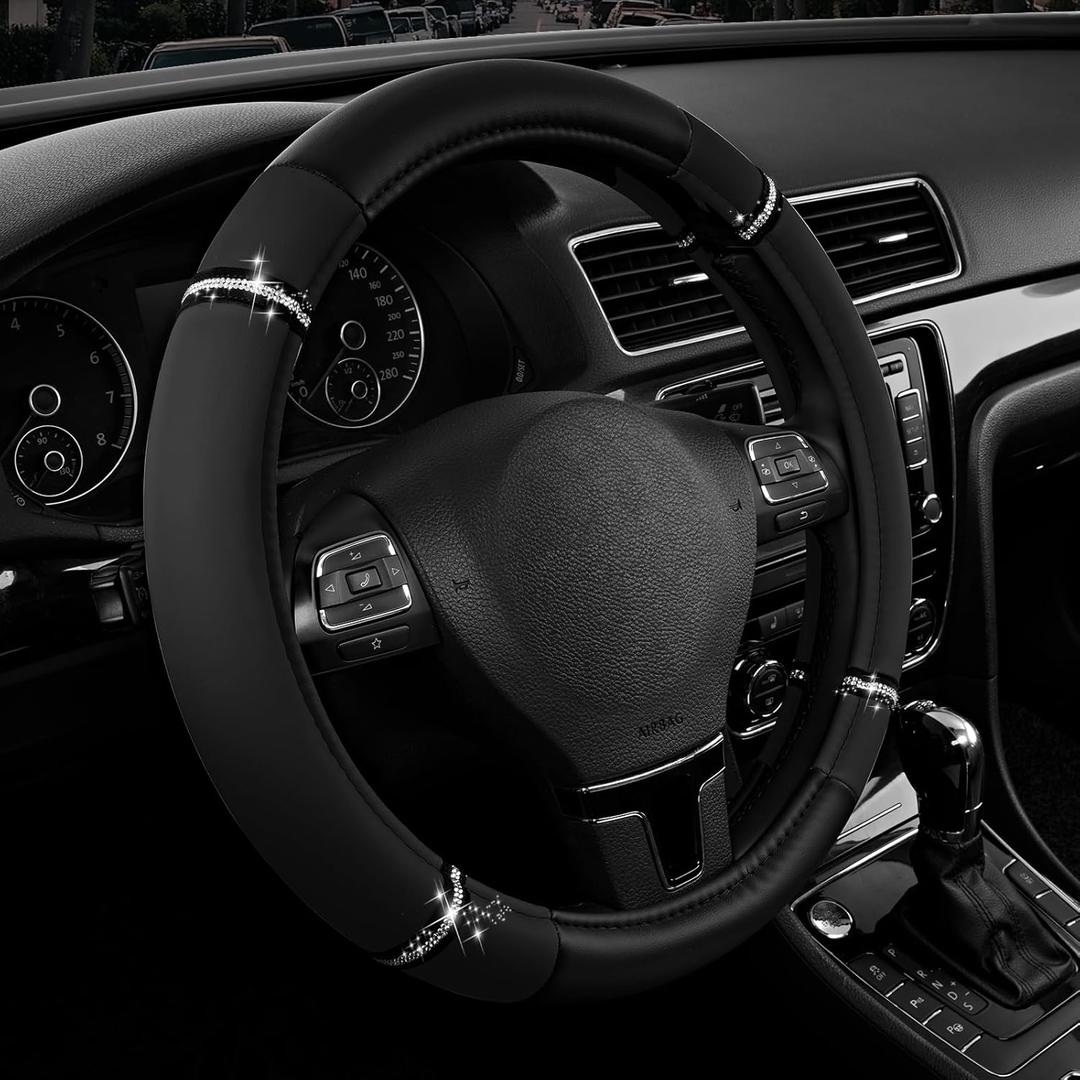 Road Comfort Leather Steering Wheel Cover  Premium Anti-Slip Car Steering Wheel Grip Cover  Universal Fit for 14.515 Cars, Trucks & SUVs - Black