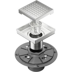 Neodrain 4-Inch Square Shower Drain with Removable Quadrato Pattern Grate, PVC Shower Drain Base and Rubber Gasket for Bathroom Floor Drain, Brushed 304 Stainless Steel, Includes Hair Strainer