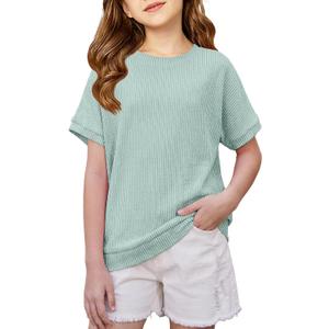 Girls Oversized Tees Textured Loose T-Shirt Short Sleeve Crewneck Summer Tops for Teen Girls Size 11-12Y Light Green