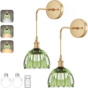 Battery Operated Wall Sconces CCT Dimmable Wireless Sconces Set of 2, Vintage Light Fixture with Green Tulip Glass Lampshade Wall Decor Set of 2 for Living Room Bedroom Bedside Bathroom