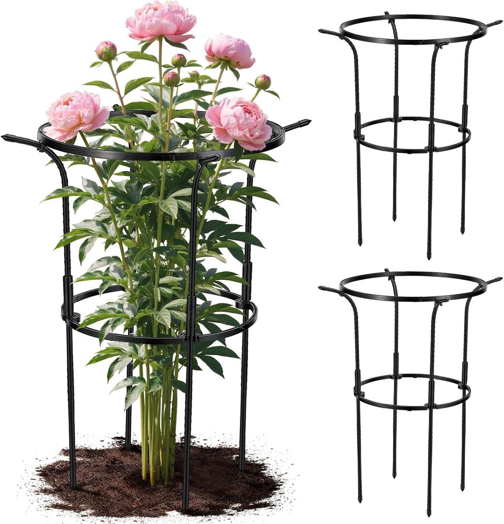 VICAMB 3 Pack Large Peony Cages and Supports,28" H x 17" D Grow Through Plant Support Rings,Plastic Rings with Stainless Steel Core Stakes for Peonies,Roses and Top-Heavy Blooms