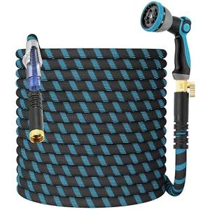 Non-Expanding Garden Hose 97ft,flexible, lightweight hose is resistant to kinks and tangles.With 10-way nozzle, strong 3/4” metal fittings, and a shut-off valve.