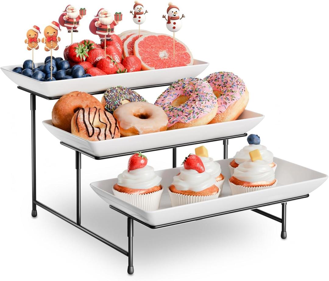 3 Tier Plastic Serving Tray for Party, 11.5" x 5.6" Platters for Serving Food, Microwave-Safe, White Reusable Trays with Black Metal Display Stand for Cupcakes, Sevring Food, Dessert, Fruit, Black