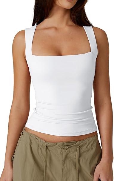 QINSEN Women's Square Neck Sleeveless Double-Layer Tank Tops Basic Tight T Shirts, S