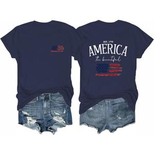 Women's 4th of July Outfits USA Shirt Memorial Day Red White and Blue Patriotic Shirts American Flag Graphic Tops (Large, Tee-blue-2)