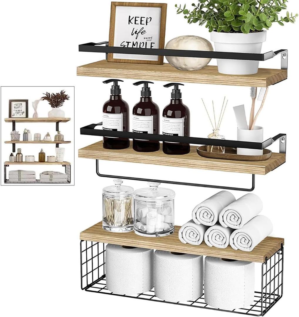 Towel Racks for Bathroom Wall Mounted, 3PCS Floating Shelves with Storage Basket, Bathroom Organizes, Wall Mounted Rustic Wood Shelves for Bedroom, Living Room, Kitchen (Wood)