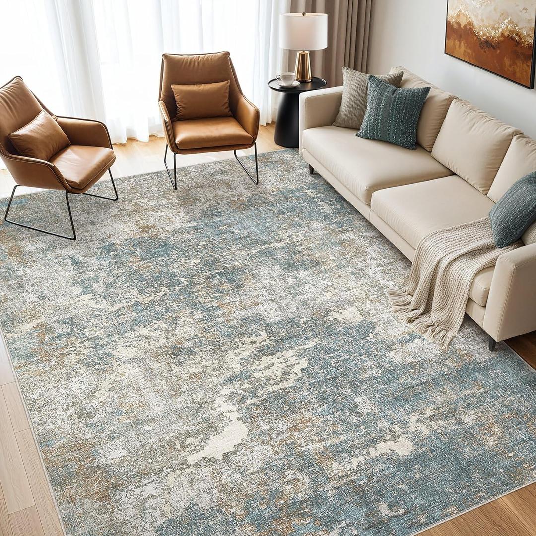 Area Rugs for Living Room: 5x7 Large Soft Washable Rug Modern Abstract Non-Slip Backing Stain Resistant Carpet for Bedroom Dining Room or Home Office Home Decor - Golden Green