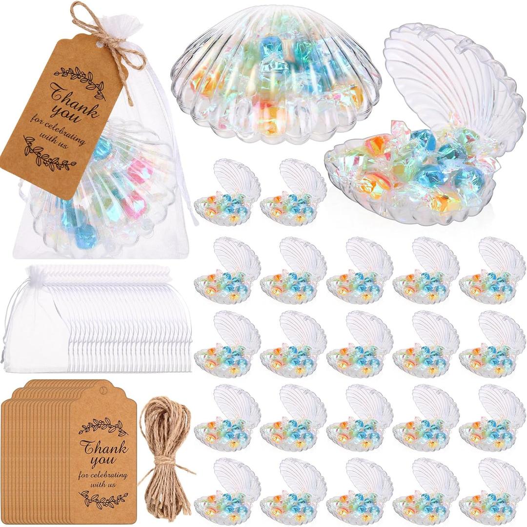 Yungyan 72 Pack Clear Seashells Mermaid Birthday Party Decoration Favors 24 Plastic Seashells Candy Boxes Clam Treat Holders 24 Thank You Tags and 24 Bags for Wedding Birthday Mermaid Ocean Party