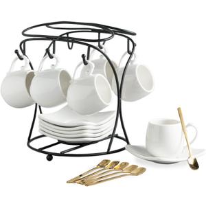 LYEOBOH Espresso Cups with Saucers Set, Porcelain Coffee Cups and Metal Stand and Spoons, Small Demitasse Cups for Espresso, Latte, Cafe Mocha, Cappuccino, and Tea, 3 OZ, Set of 6, White