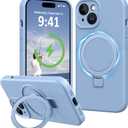 Compatible with iPhone 14 Plus Case Stand, Full Camera Protection Slim Liquid Silicone Phone Cases for iPhone 14 Plus Compatible with MagSafe Magnetic Ring Kickstand Case 6.7", Light Blue
