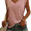 Womens Cap Sleeve T Shirts V Neck Casual Tops Oversized T-Shirt Summer Trendy Lightweight Loose Fit Basic Tees (Small)