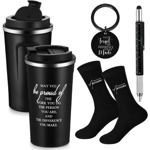 Gerrii Set of 4 Teacher Appreciation Gifts for Men Thank You Gifts for Male Teacher Nurse Coworker Employee 17 oz Stainless Steel Tumbler Inspirational Keychain Metal Pen Socks for Men(Classic, Black)