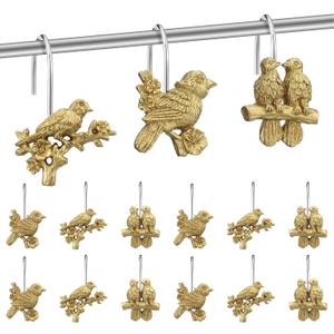 Amyhill 12 Pcs Bird Shower Curtain Hooks Antique Gold Birds Animal Decorative Hooks Rings Bulk Cute Hanger Stainless Steel Resin Nature Spring Themed Curtain Rings for Bathroom Bedroom Home Decor