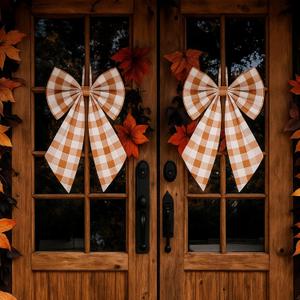 2 Pcs Orange Buffalo Plaid Wreath Bow Front Door Hanger 19.6'' x 11.8'' Cute Bow Wreath Accessories Xmas Party Yard Doorway Indoor Outdoor Wall Decoration