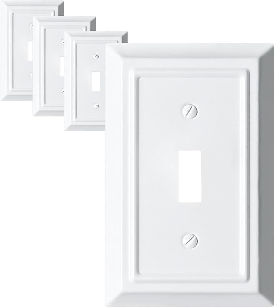 Metal Decorative Wall Plate, Electrical Outlet Covers,Light Switch Covers,Thick and Durable Mid Size 3.16'' x 4.92'' Switch Plate in Various Styles (Pure White, 1 Gang Toggle 4 PK)