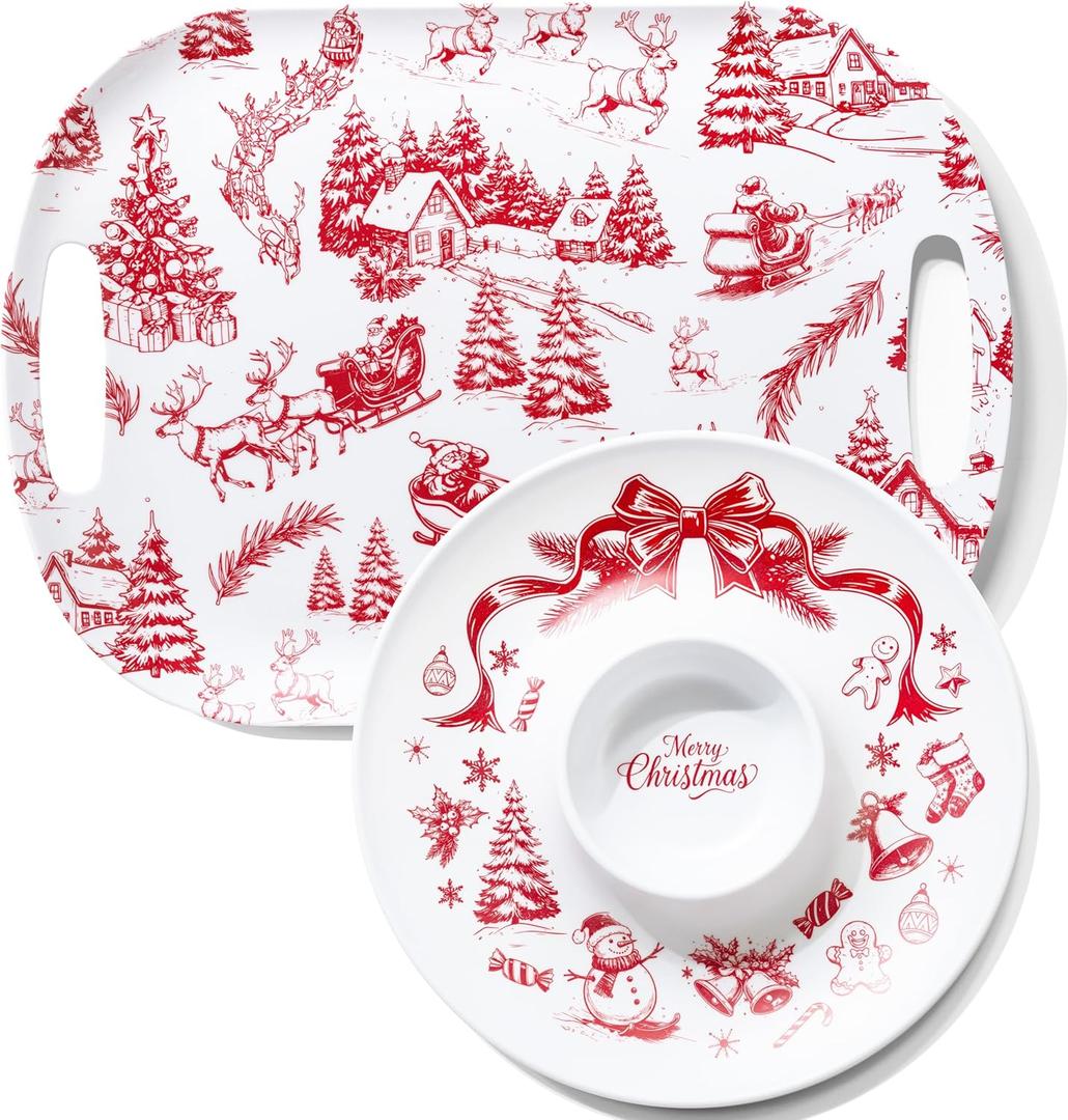 ONEderful 2-Piece Christmas Serving Tray Set with 18 Inch Large Tray and 13 Inch Dip Platter - Holiday Buffet Server for Christmas Party, Family Gathering, Birthday, BBQ - Santa Gifts (Red & White)