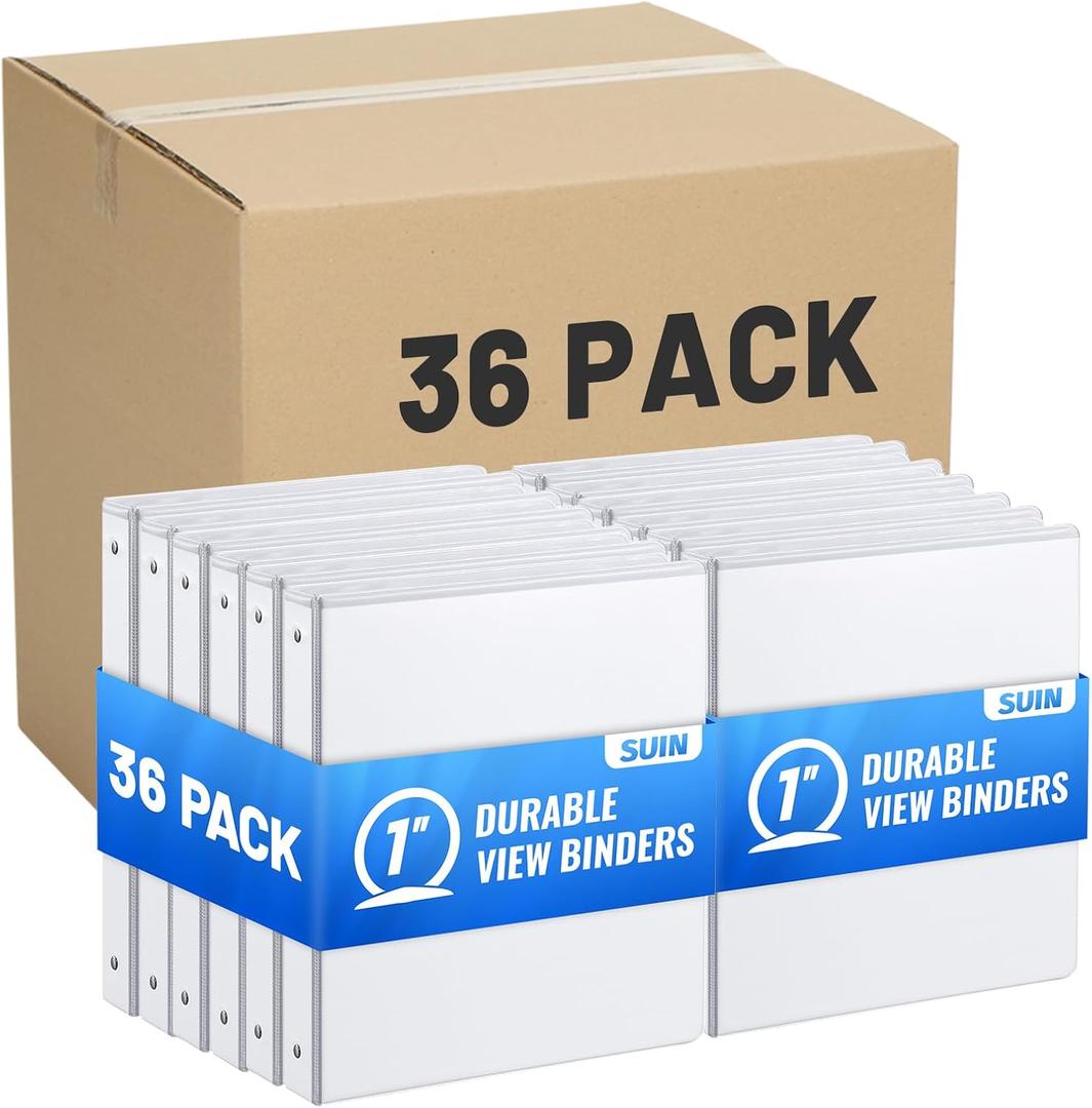 SUIN 3 Ring Binder Bulk 36 Packs -Premium 1'' Binders with Roung Ring Binder, Large 200 Sheet Capacity, Fit 8.5" x 11" US Letter Size Paper, White (1'' White - 36 Packs)