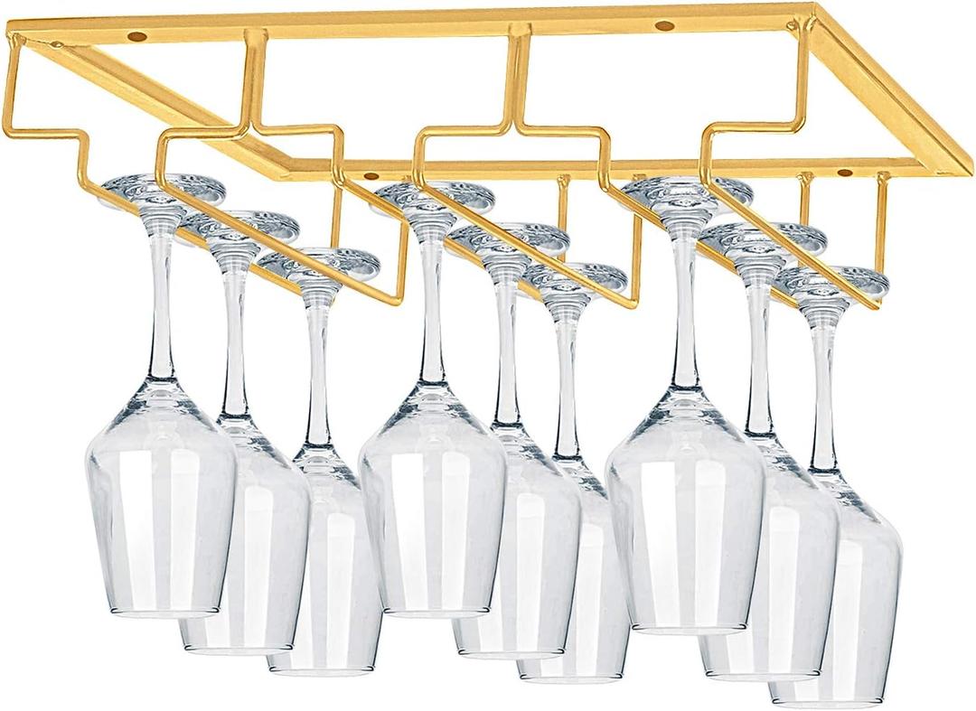 MOCOUM Under Cabinet Stemware Rack, Glass Hanger Rack - Wire Wine Glass Holder Storage Hanger for Cabinet, Kitchen, Bar (3 Rows 1 Pack, Gold)