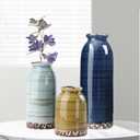 Ceramic Vase Set of 3, Farmhouse Decorative Vase for Pampas Grass, Living Room, Bathroom,Bookshelf, Centerpieces (Blue/Navy Blue/Yellow)