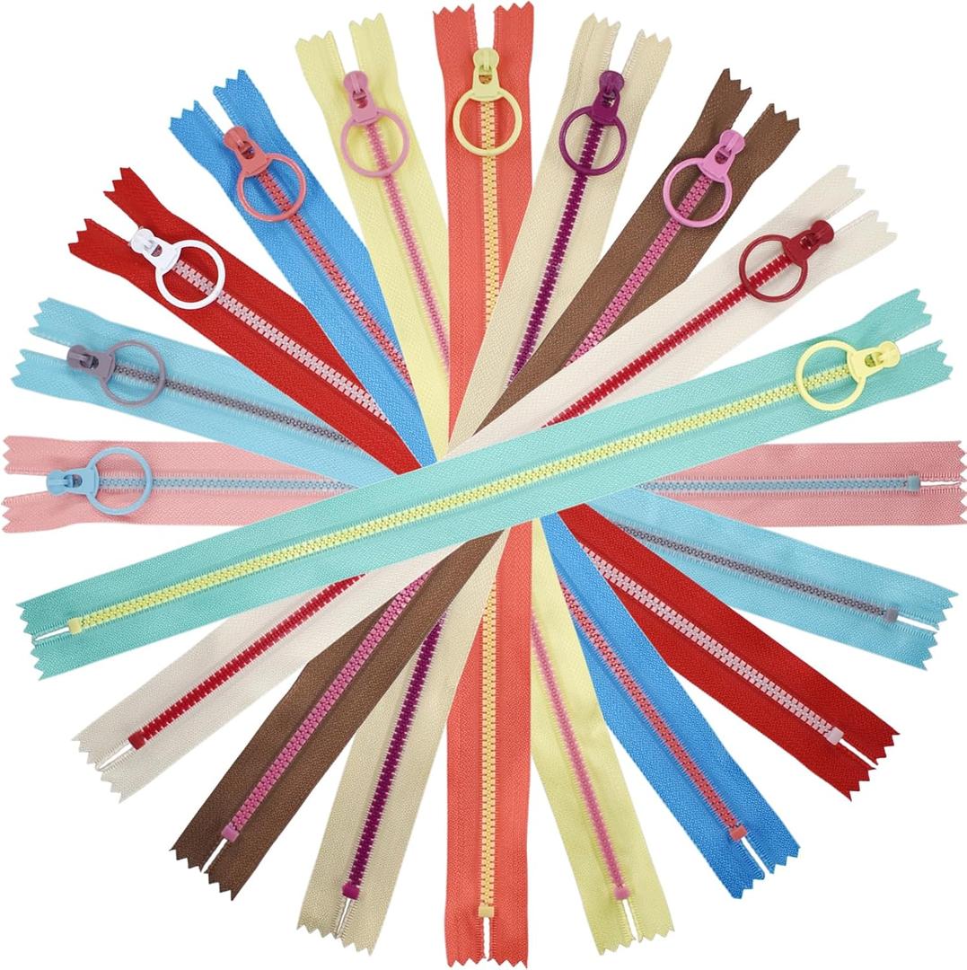 SHRJ 20pcs Resin Zippers with #3 Lifting Ring Pulls Close-end for Sewing Bulk, Nylon Plastic Zippers for DIY Tailor Sewing Craft Bags Garment Clothing, 10 Colors (20cm/8inch)