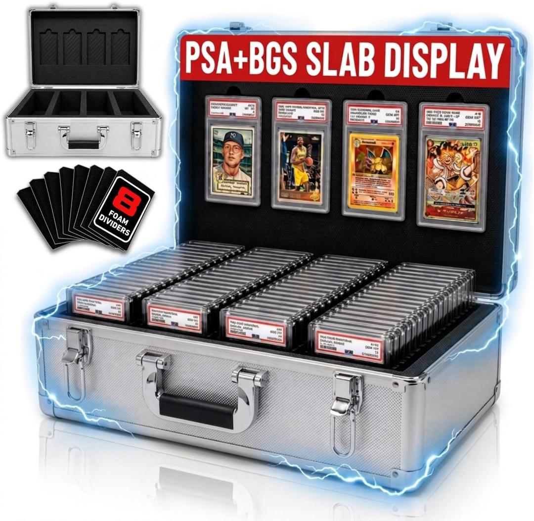 Graded Card Case - 4 Row Graded Card Storage Box with 8 Foam Inserts - Durable PSA Slab Case with Secure Lock - Also Compatible with GMA, HGA, NGS, SGC, CSG - Holds up to 640 Top Loaders (Silver)