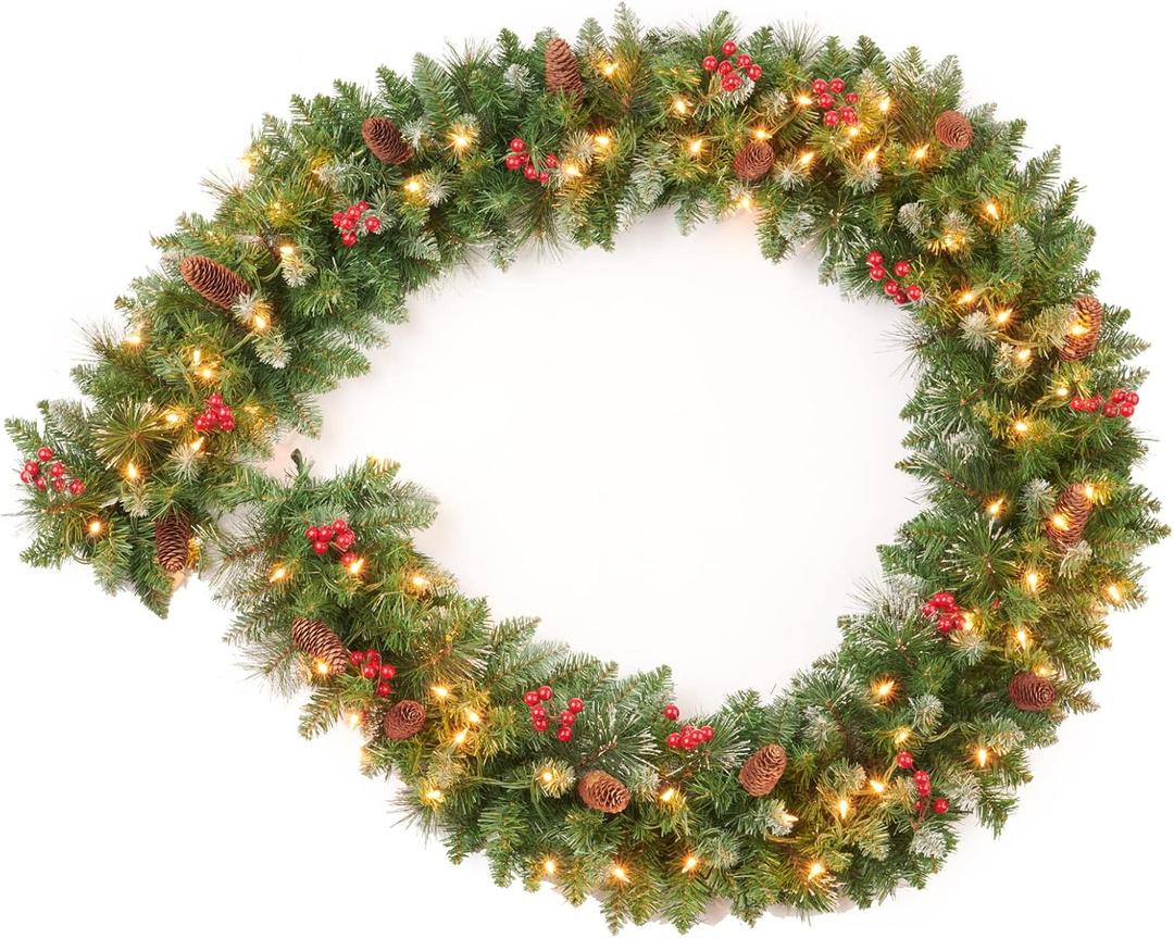 9 Feet Pre-Lit Christmas Garland, Mixed Pine Decorated with Frosted Berries, Pinecones, 70 Lights Plug in, for Mantle Staircase Indoor and Outdoor (Green White)