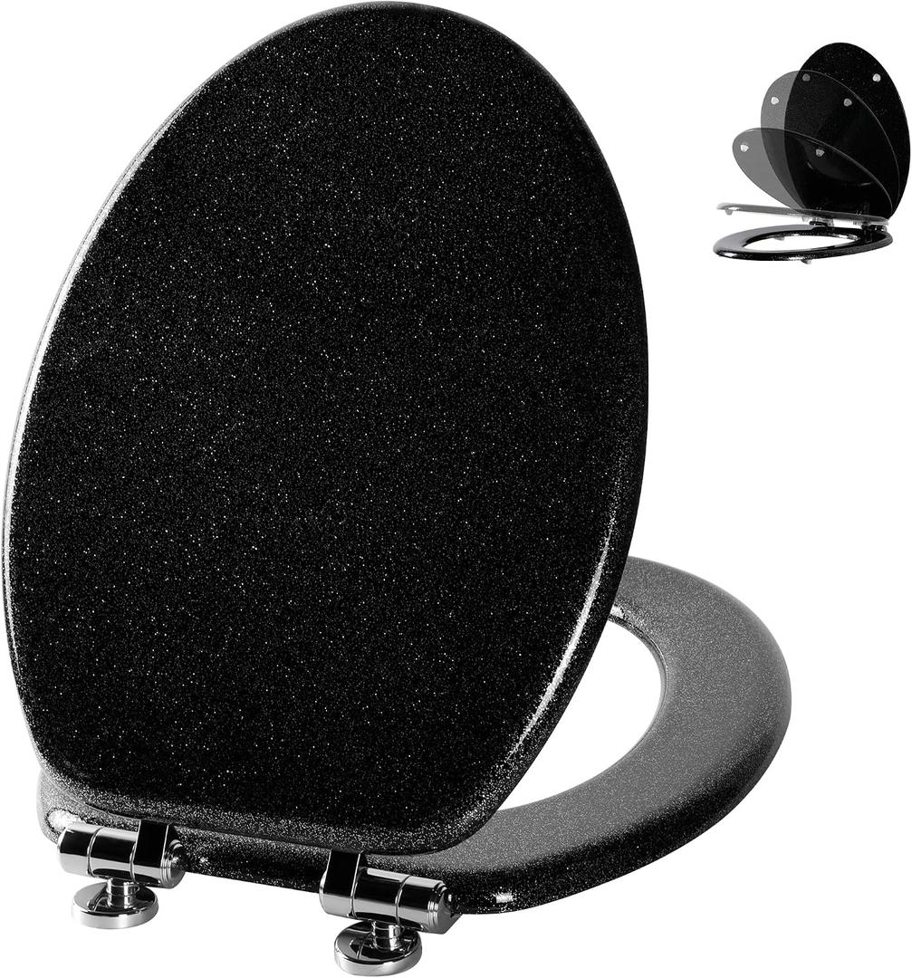 Angol Shiold Glitter Toilet Seat Molded Wood Elongated Toilet Seat with Quietly Close and Quick Release Hinges, Easy to Install also Easy to Clean (Elongated 18.5'', Black)