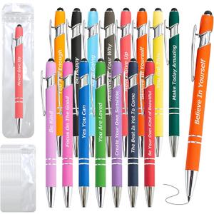 20 Pieces Inspirational Pens Kit - 10 Black Ink Pens Bulk, Bags Included - Motivational Pens Ballpoint with Stylus Tips - Inspirational Gifts Office School Supplies for Teachers Office Prizes