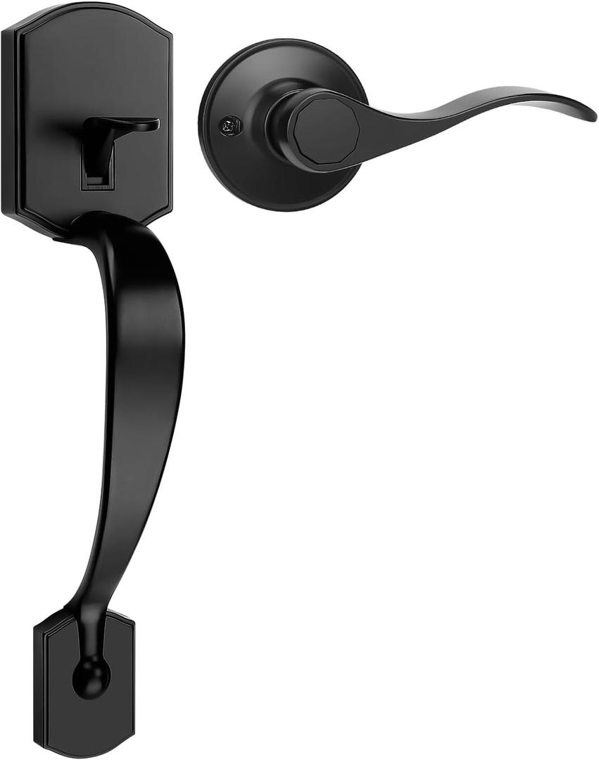 Camelot Trim Lower Half Handleset, Matte Black Finish, Upgated Entry Door Handle with Accent Wave Door Lever for Electronic Keypad with Drop Interior Left Handed Lever (1 Pack)