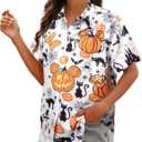 Womens Halloween Hawaiian Shirt Cute Pumpkin Spooky Castle Graphic Tee Magical Halloween Short Sleeve Button Up Tops (XL)