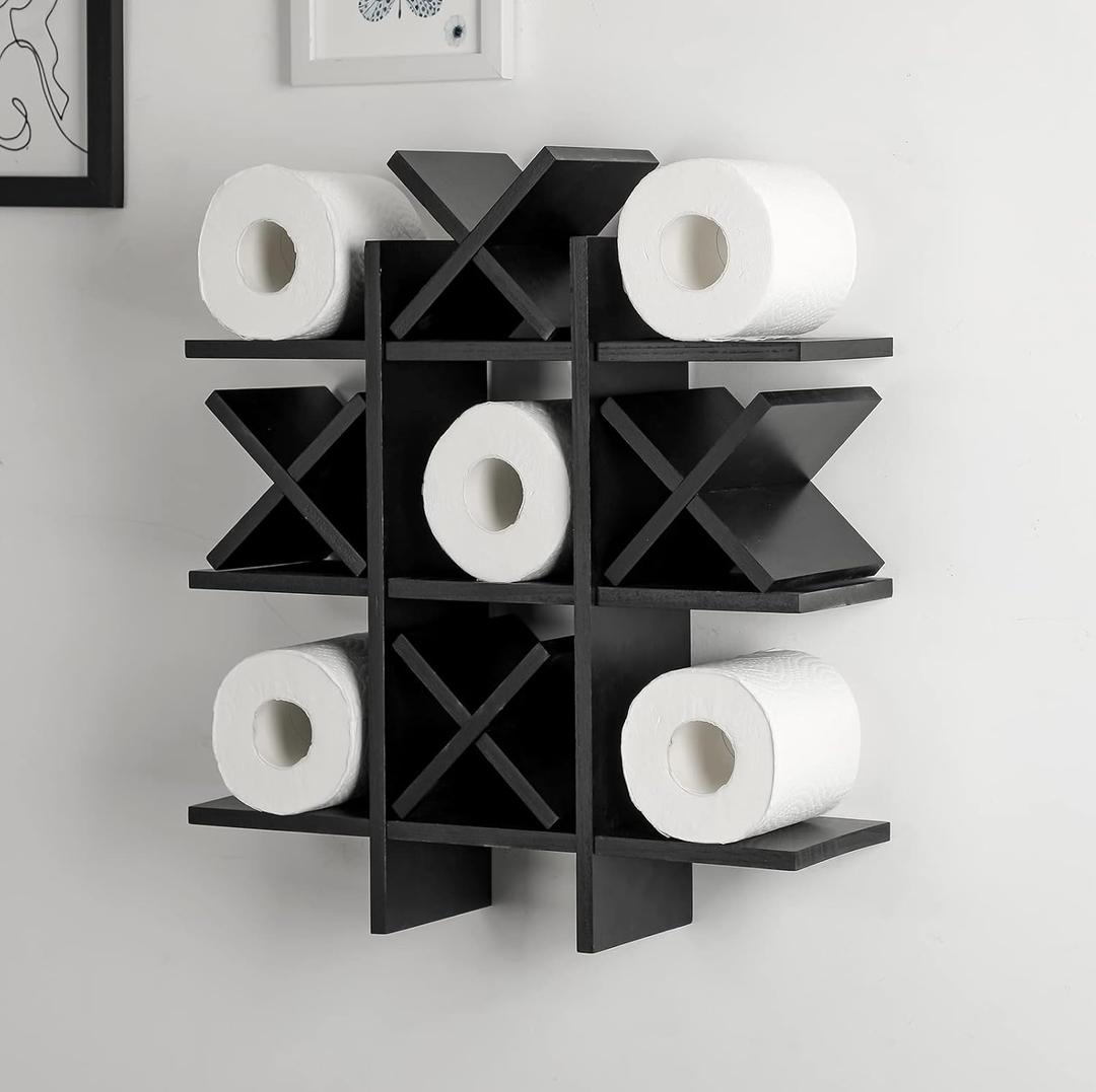 Weysat Tic Tac Toe Toilet Paper Holder Stand Bathroom Wall Decor Rustic Wooden Hanging Storage Freestanding Wall Mounted Shelves Decor for Toilet Tissue Farmhouse (Black)