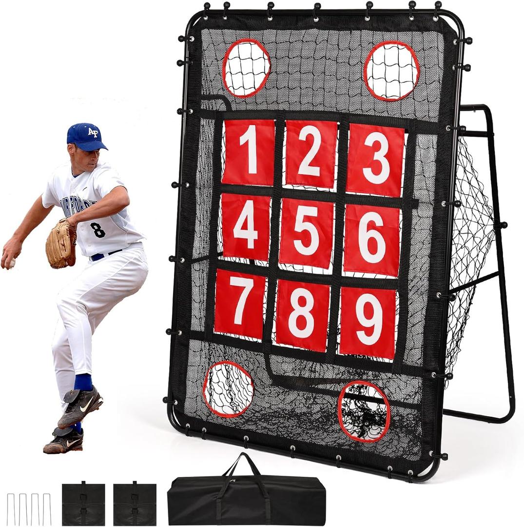 Pitching Net with Strike Zone, 9 Hole Baseball Pitching Target, Portable Softball Baseball Training Equipment with Carry Bag
