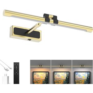 Brass Picture Light for Wall - 24inch Dimmable & Rechargeable Art Light with Extendable Arm, 25H Light Time, Angle Adjustable, 3 Color Temperatures Timer - Perfect for Paintings and Home Decor