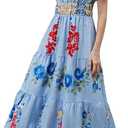 Women's Summer Boho Maxi Dresses Floral V Neck Tiered Short Sleeve Long Dress Flowy Beach Vacation Dress with Pockets (Large, Light Blue)