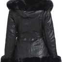 GRAN ORIENTE Women's Faux Leather Coat with Faux Fur Collar,Winter Warm Belted Mid Length Trim Jacket Fur Lined with Hood (Black)