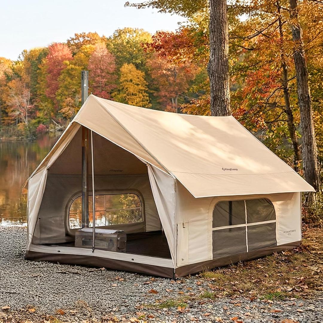 KingCamp Camping Tent with Floor 6-8 Person, Canvas Hot Tent with Stove Jack, Waterproof & Windproof Cabin Tent for Family Camping & Outdoor Parties (KHAKI)