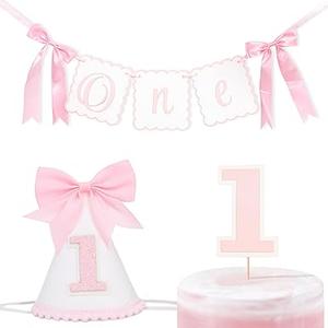Pink Bow Birthday Decorations - Banner Cake Topper Hat Set,Sweet Half High Chair Banner,6 Months Birthday Hat with Bow
