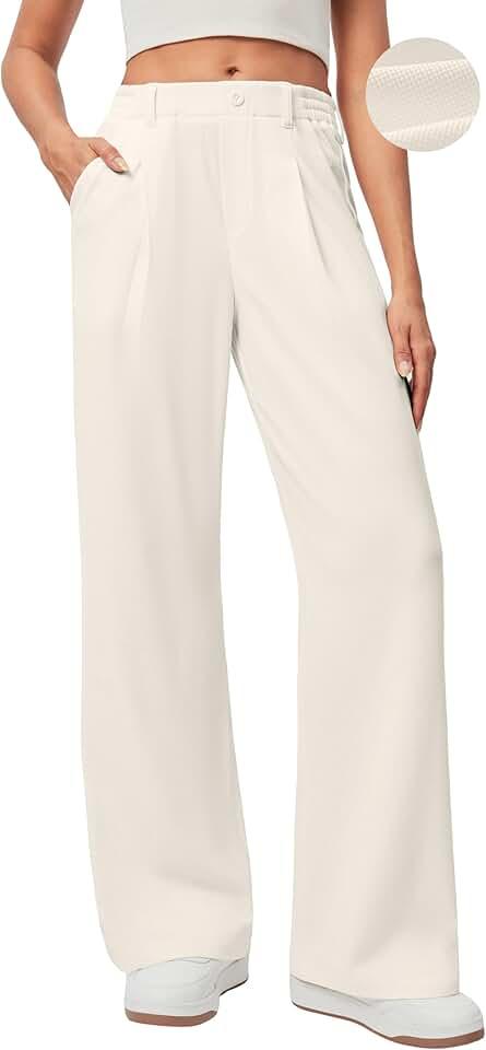 Ewedoos Wide Leg Pants Woman Stretchy Work Dress Pants Women Trendy 2026 Business Casual Outfits Comfort Fit Slacks Trousers Global Recycled Standard, Off White (Medium)