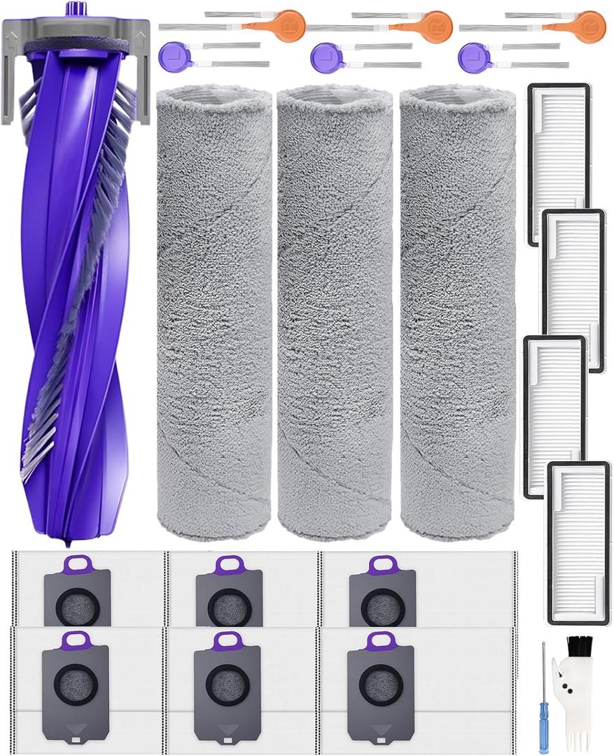 Yivy 22pcs Accessory Kit for Narwal Flow Robot Vacuum Cleaner, Replacement Set Compatible with Narwal Flow: 3 Track Mop Pads, 1 Main Brush, 8 Side Brushes, 4 HEPA Filters, 6 Dust Bags, 1 Cleaning Brush