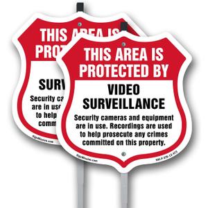 Video Surveillance This Area Is Protected By Video Surveillance Security Cameras And Equipment Are In Use (2 Pack) 12 inch X 12 inch Shield Shaped Plastic Signs with Aluminum Mounting Stakes