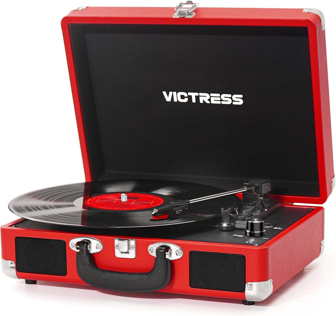 Vinyl Record Player, Portable Suitcase Turntable with PC Recording & Bluetooth Input/Output, 3-Speed LP Player, Built-in Stereo Speakers, RCA, AUX, Headphone Jack, Red