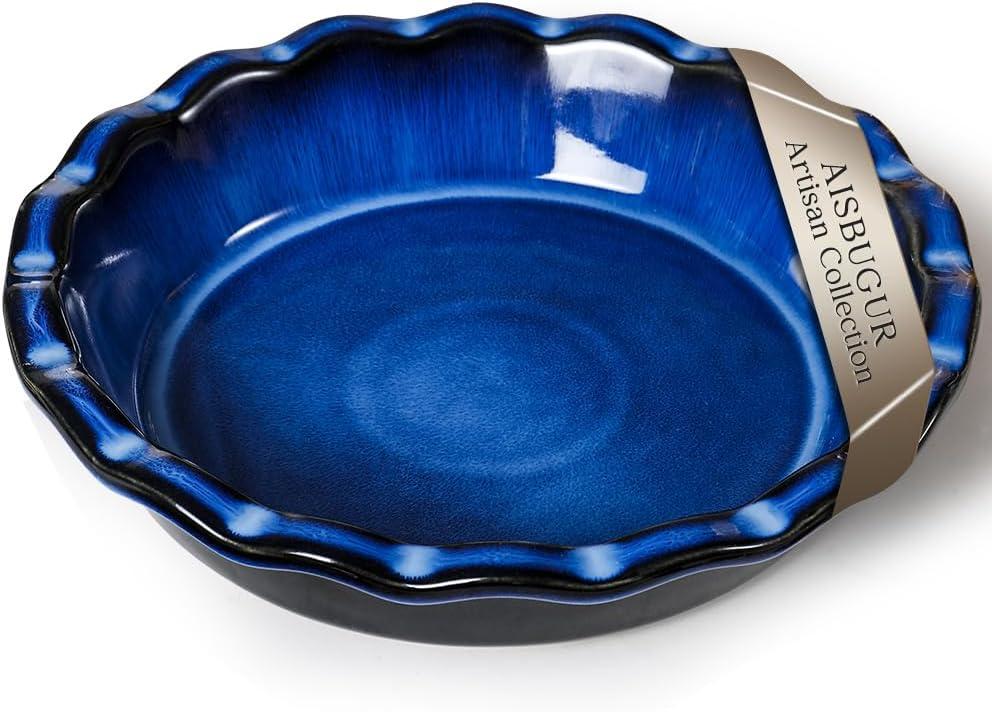 AISBUGUR Pie Pan for Baking 9 Inch Ceramic Pie Dish Quiche Baking Dish Non-Stick Dishwasher & Oven Safe (Reactive Glaze Blue)