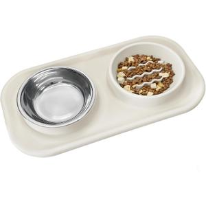 Waterproof Silicone Cat Food Bowls, Stainless Steel & Silicone Slow Feeder Double Bowls, Non-Skid & Non-Spill Raised Edge, Food and Water Feeder for Cat and Puppy (Silicone Mat-15x8.3in, Beige)