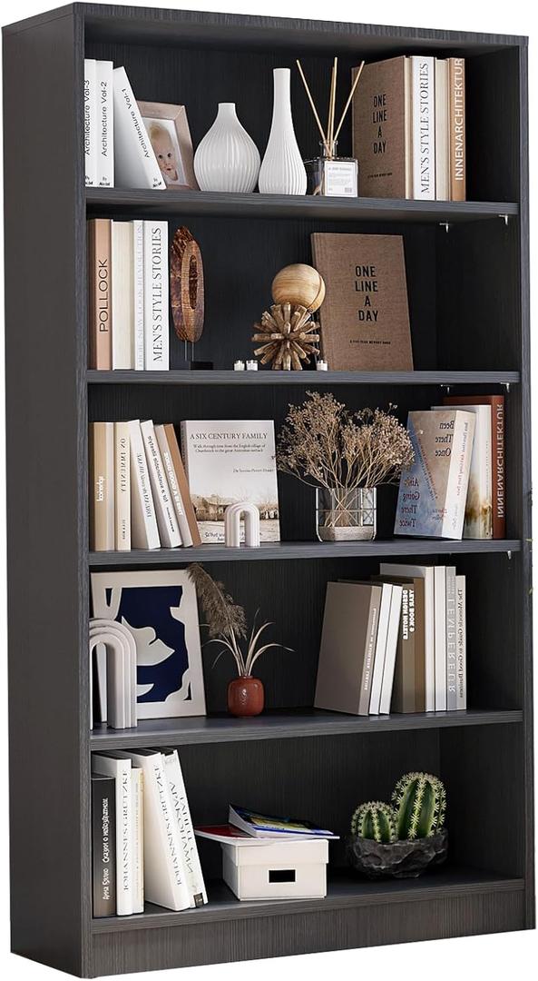 Bookcase Adjustable Storage Shelves,60-Inch Bookshelf,5-Tier Modern Wood Bookcase for Bedroom, Office, Living Room & Library(Grey)